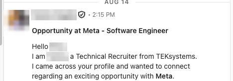 A LinkedIn message from a technical recruiter: Opportunity at Meta, Software Engineer.