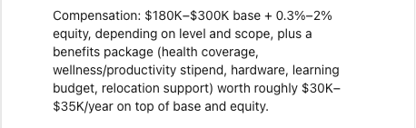 A recruiter's message: $180K to $300K base plus 0.3% to 2% equity, plus benefits.