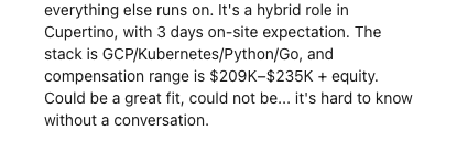 A recruiter's message: a hybrid role in Cupertino, $209K to $235K plus equity.